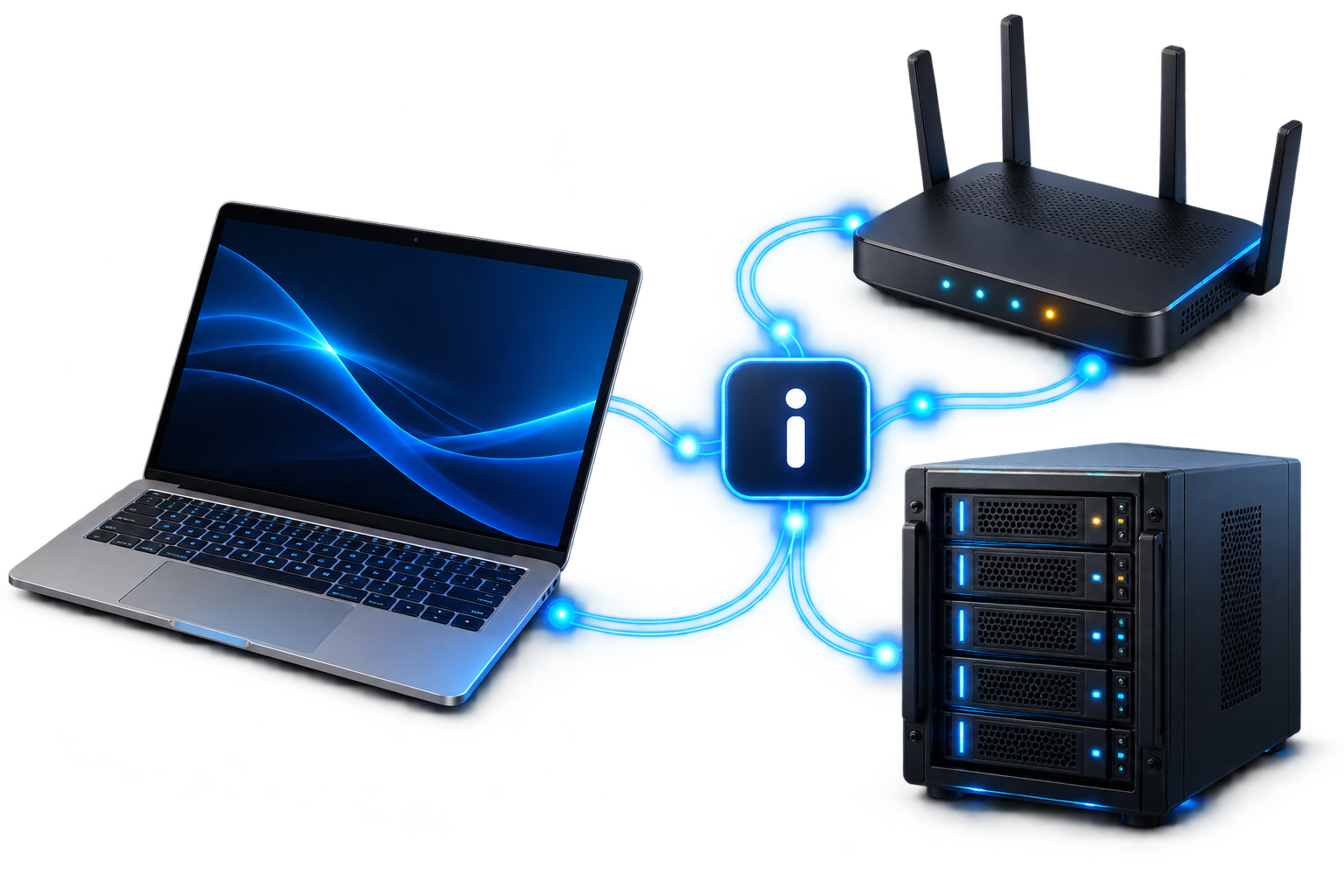 Laptop, router and server connected through a secure IT support hub